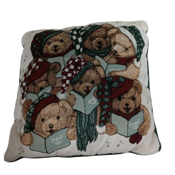 Vintage Christmas Teddy Bear Choir Pillow Holiday Decor Singing Bears 15x15 - Picture 5 of 9